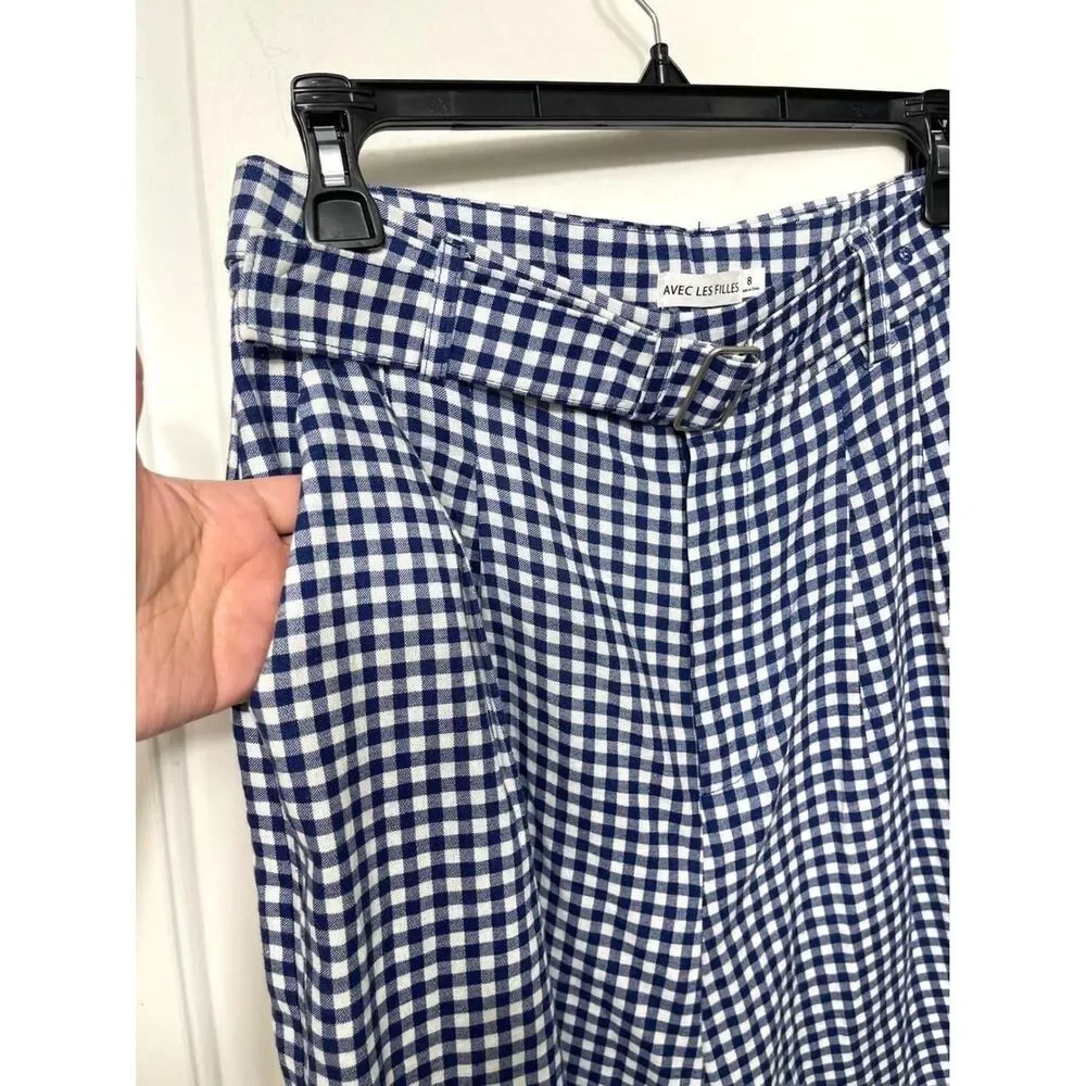 New Avec Les Filles Gingham Linen Blend Belted Shorts Navy Blue White Size 8